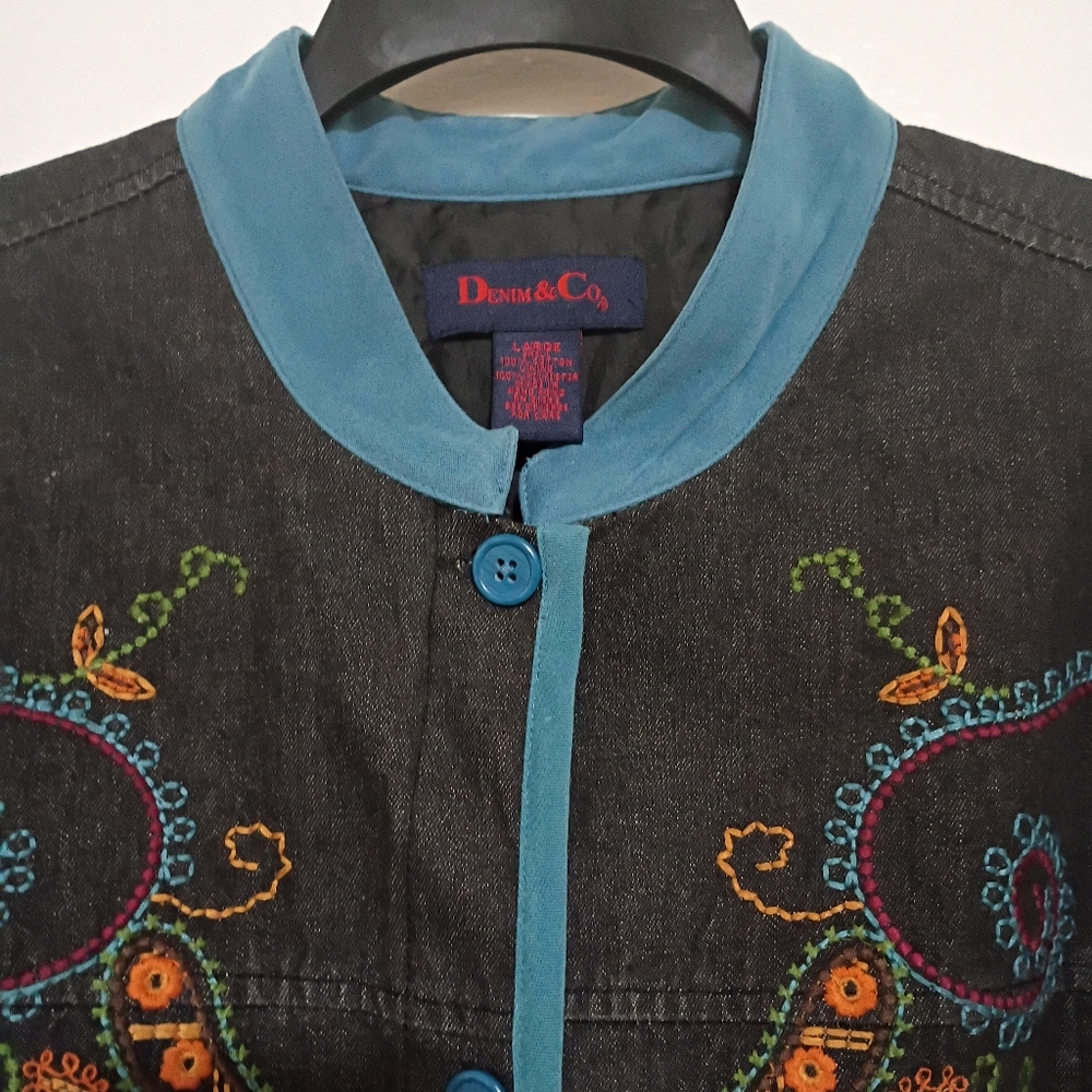 Denim & Co Floral Paisley Embroidered Artisian Inspire Vtg Jean Jacket Lge Boho - Picture 11 of 16